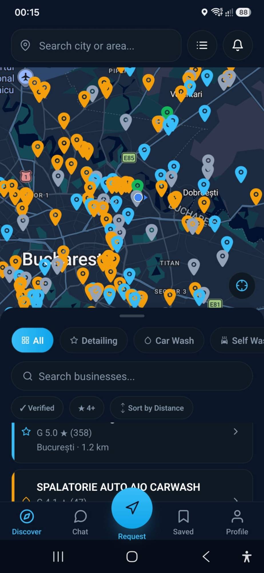 ProDetailer app showing a map with nearby detailers, garages, mobile detailers, and car washes