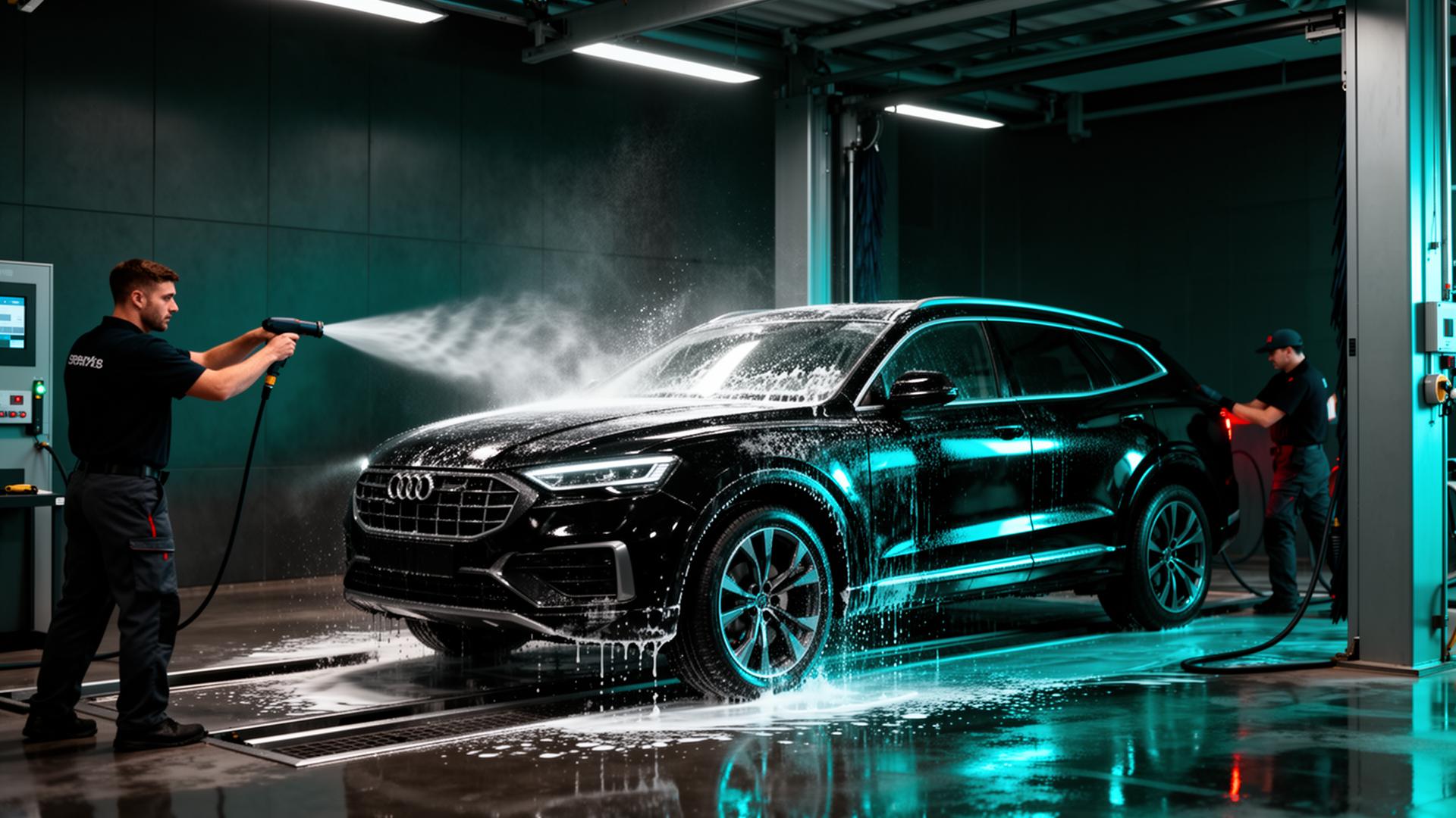 Modern full-service car wash bay with staff foaming a vehicle