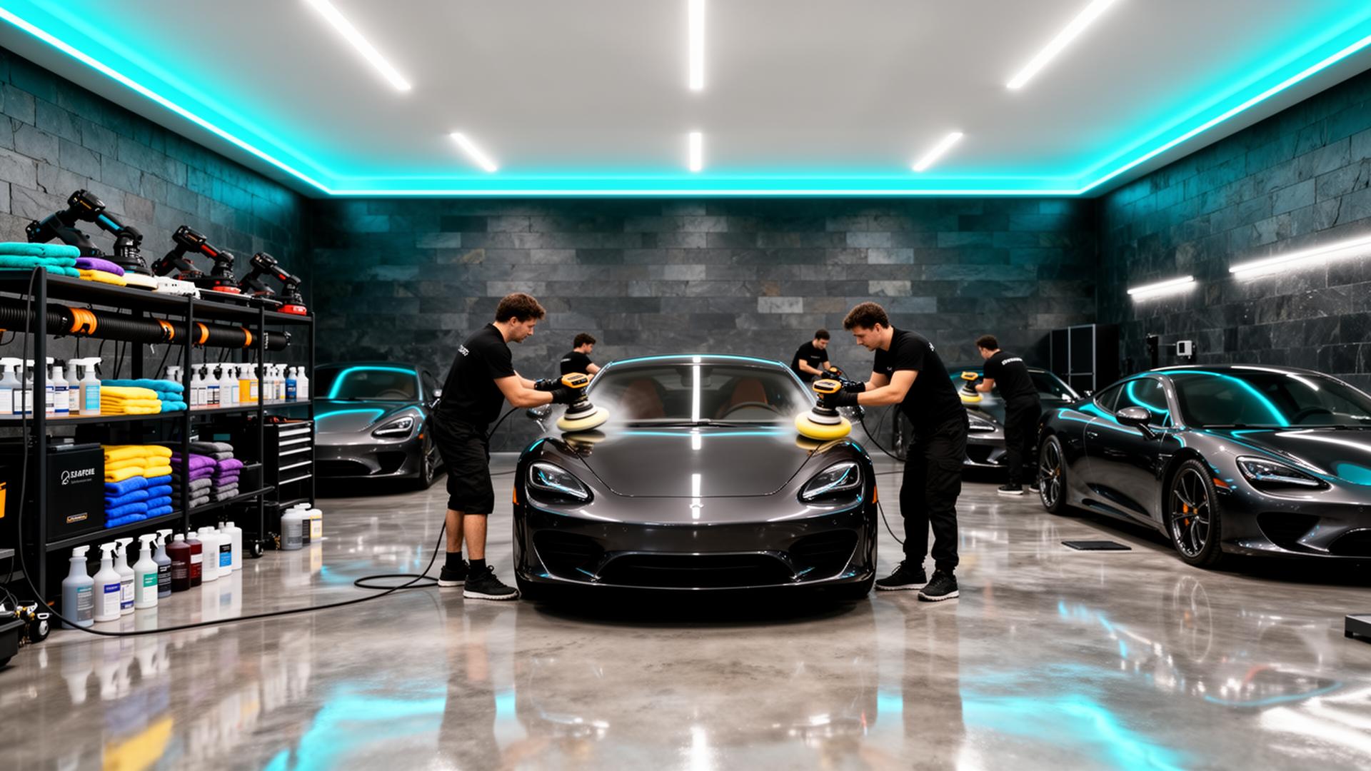 Modern auto repair garage with vehicles on lifts