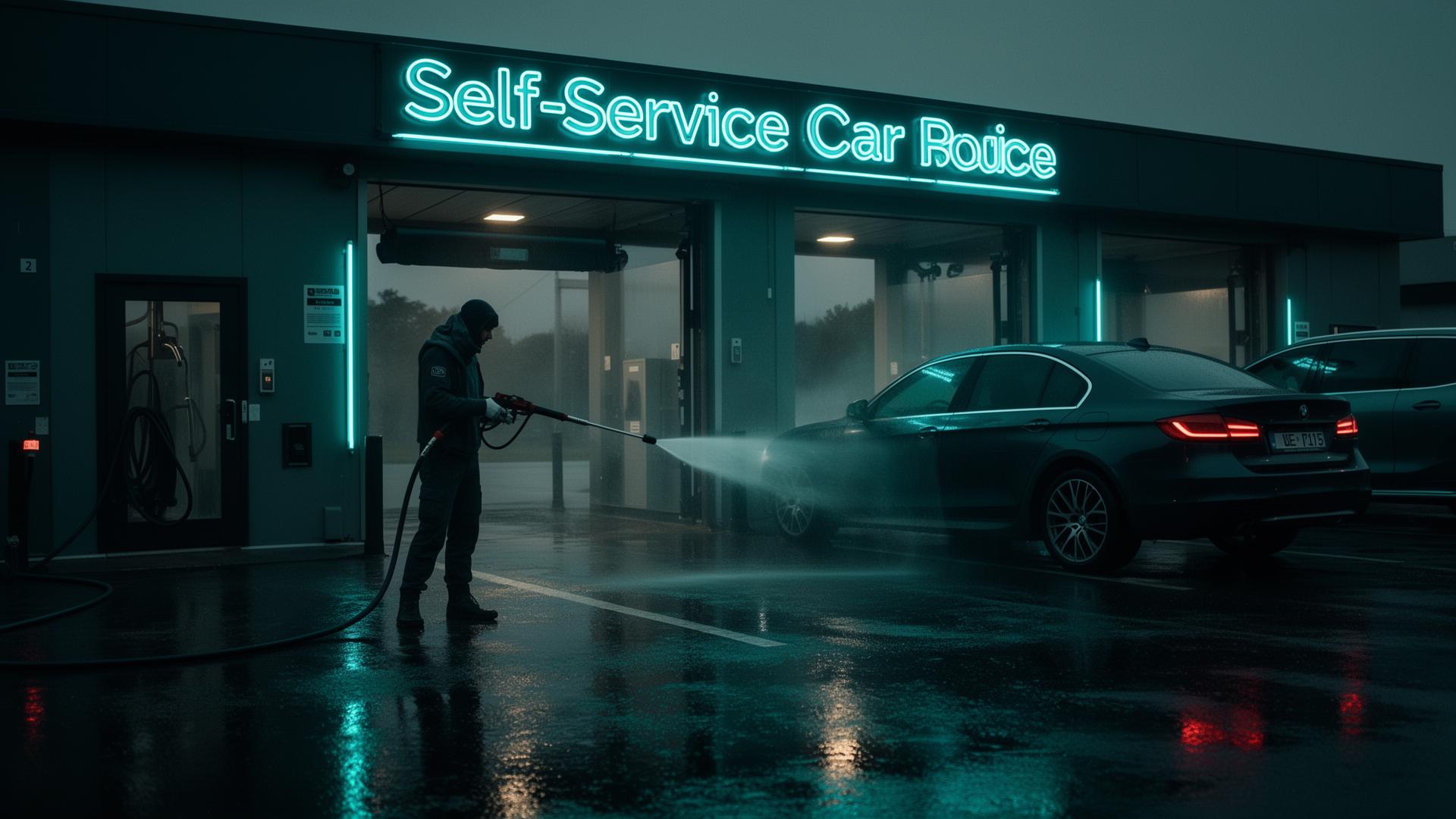 Self-service car wash bays at dusk with neon signage